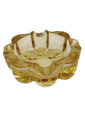 Vintage Fostoria Spool Glass Ashtray Topaz Yellow Daisy Mid-Century Modern